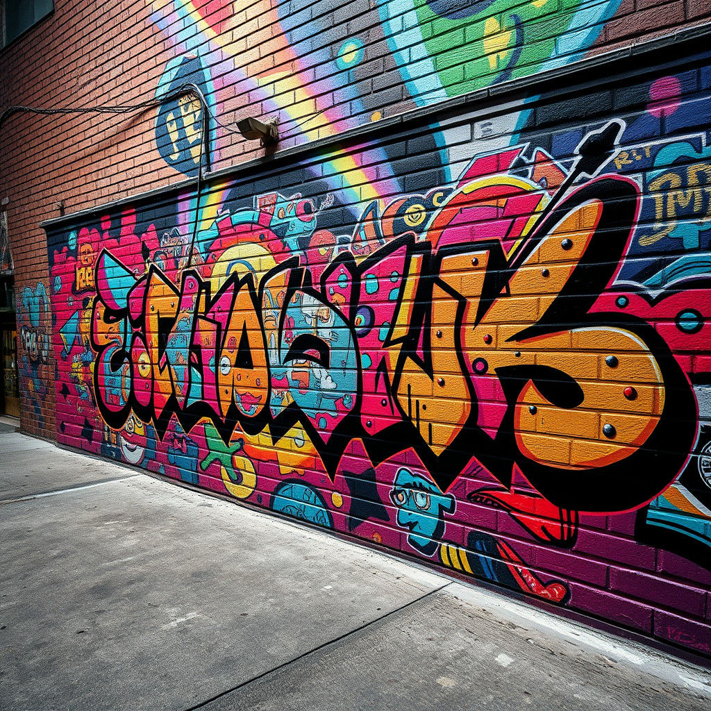 Graffiti Mural With 3D Lettering and Cartoon Characters