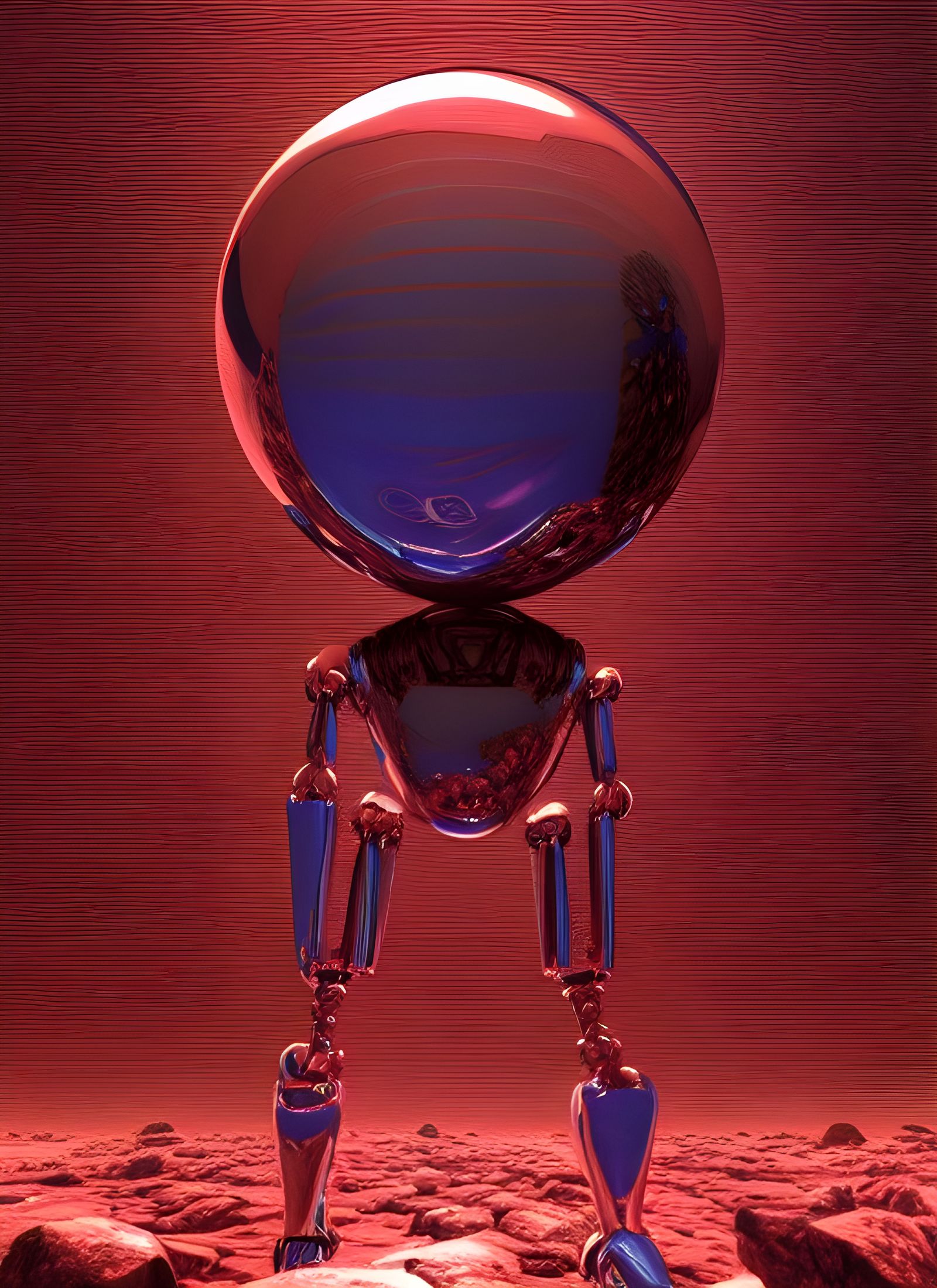 Chrome Robot Reflection in Cyberpunk Digital Art