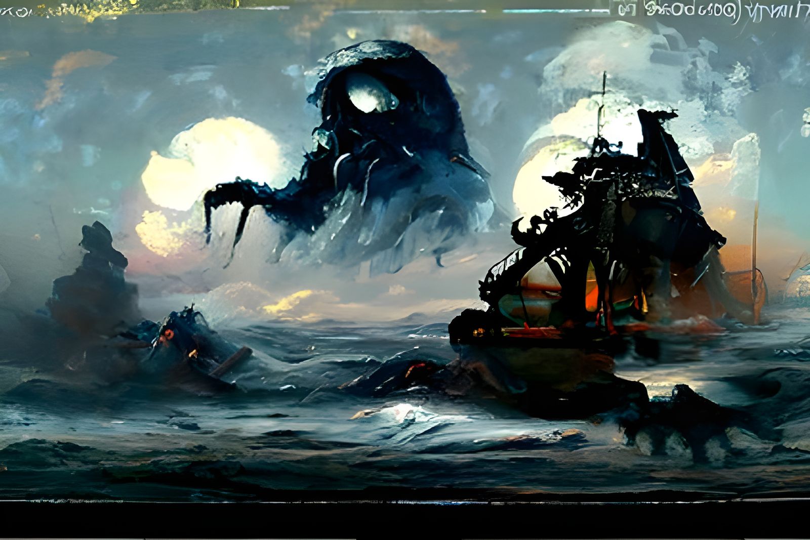 Squid Monster Attacks Pirate Ship in Stormy Twilight