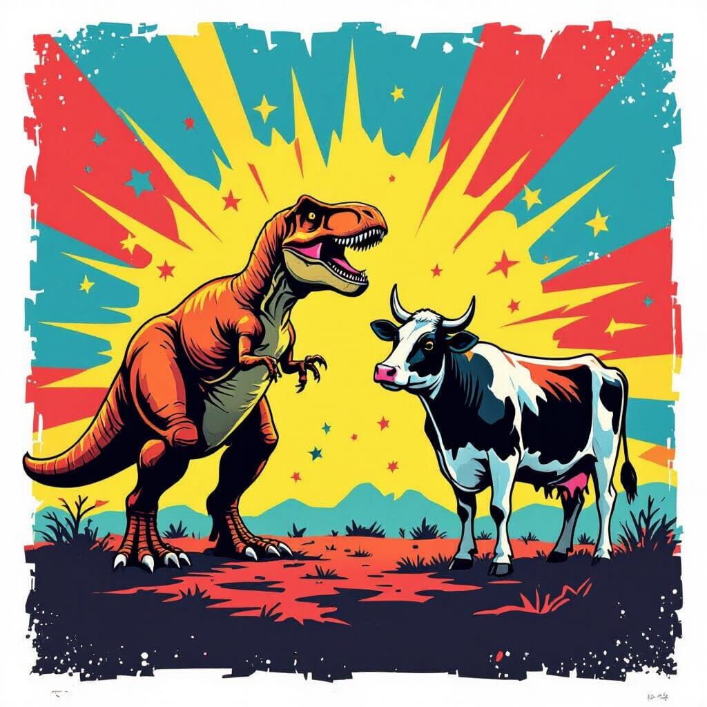 T-Rex Taunts Cow in Vibrant Pop Art Style