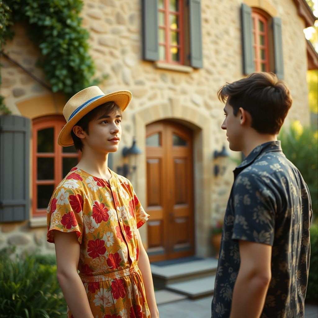 Androgynous Gentleman in Vintage Floral Dress, Engaging in C...