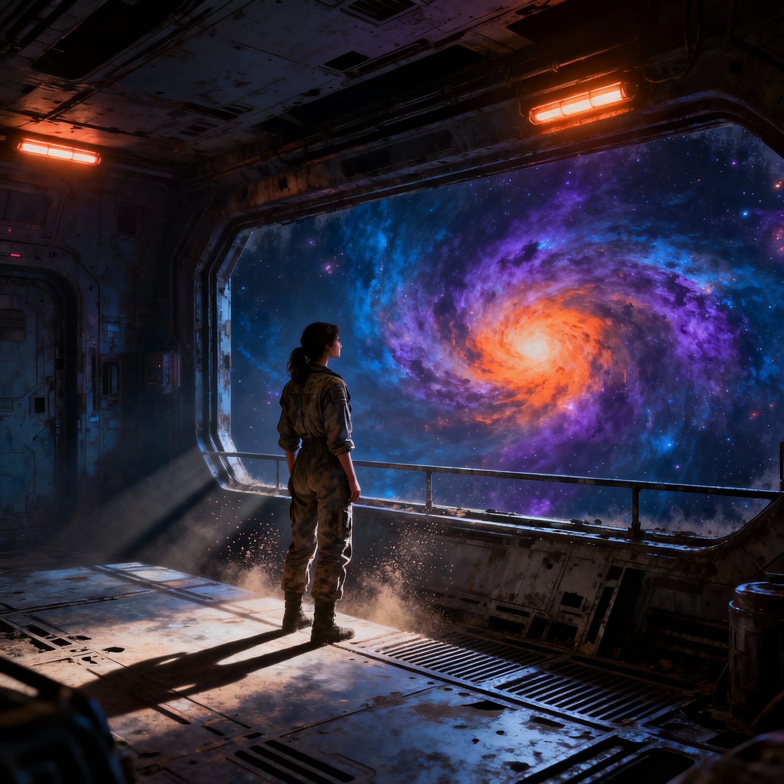 Woman Gazes at Swirling Nebula from Derelict Spaceship
