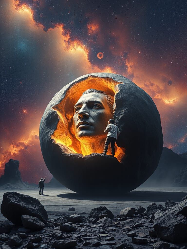 Sculptor Carving Asteroid Statue in Nebula