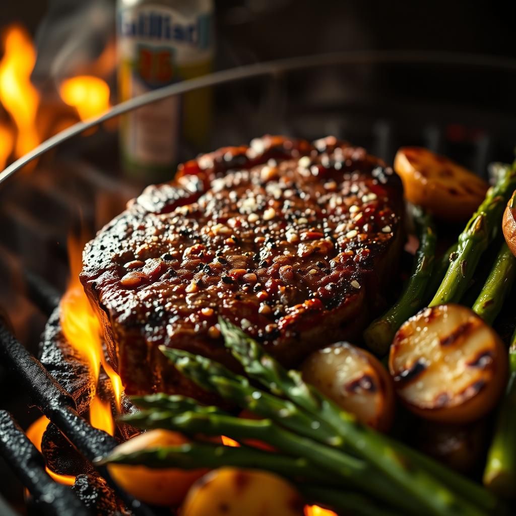 Savory Ribeye Steak on Grill with Vegetables