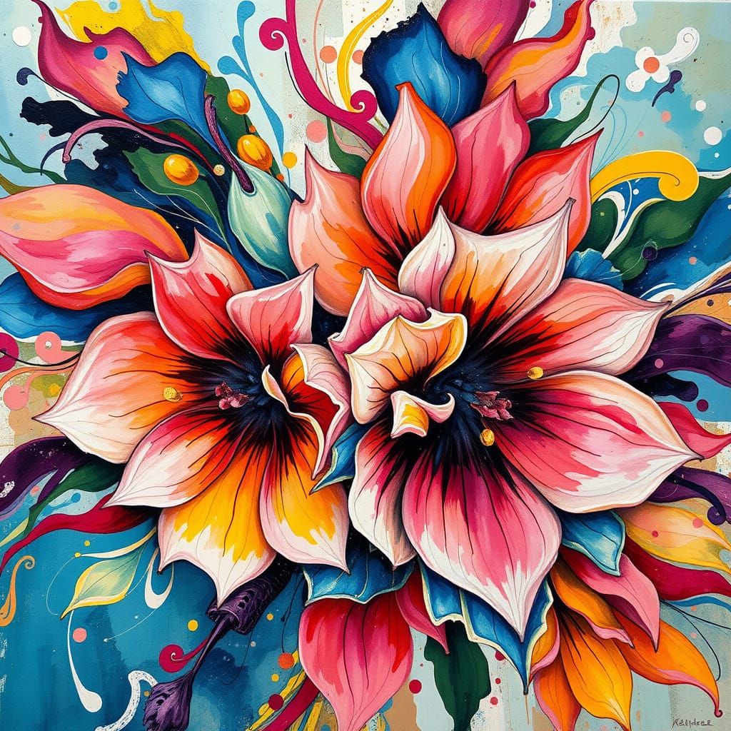 Vibrant 2D Abstract Flowers in Mixed Media Style