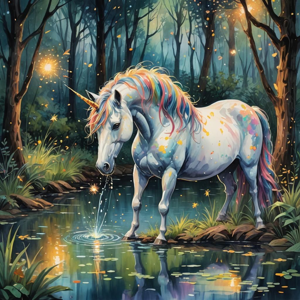 Pastel Unicorn in Forest, Impressionist Gouache Watercolor