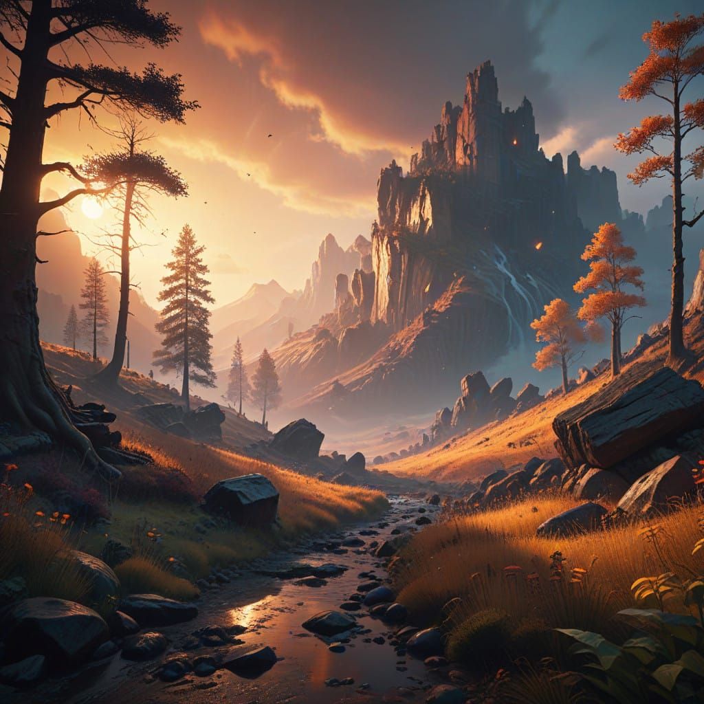 Majestic, Otherworldly Landscape Drenched in Warm, Golden Li...