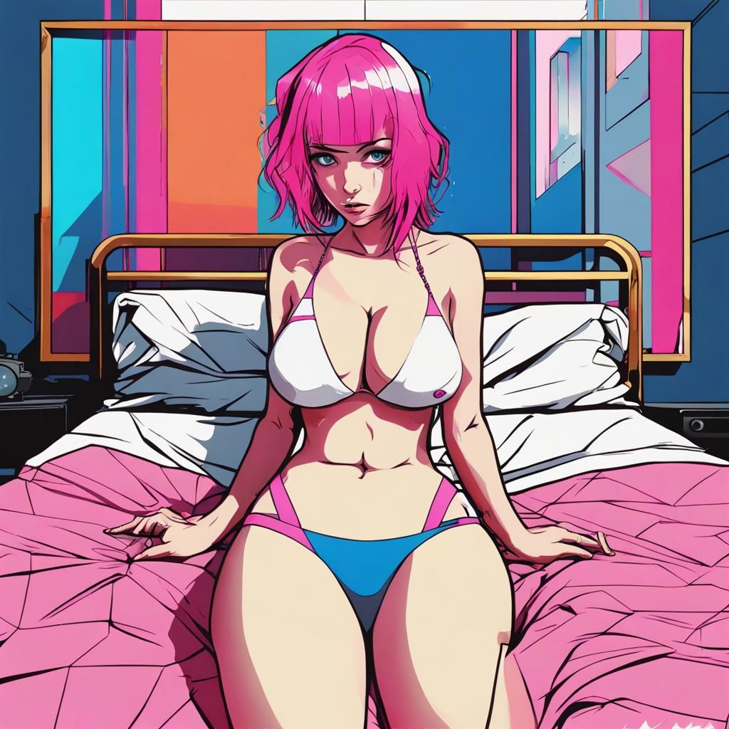 Anime pink hair girl with blue eyes an wide hips wearing  bikini in bed room