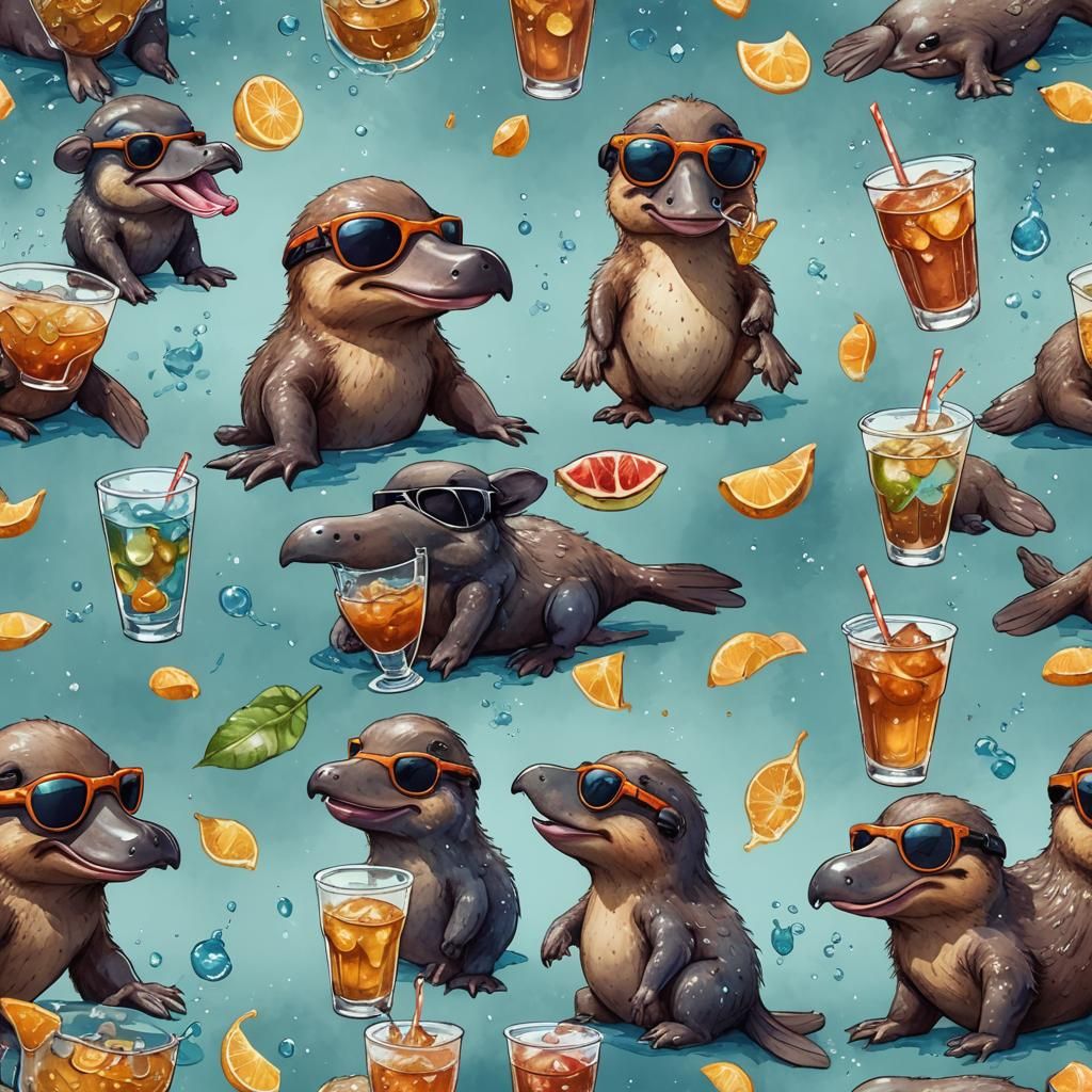 Cute Platypus with Drink in Watercolor Style