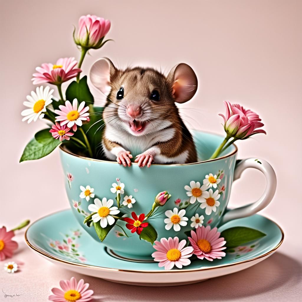Joyful Mouse in Teacup with Flowers