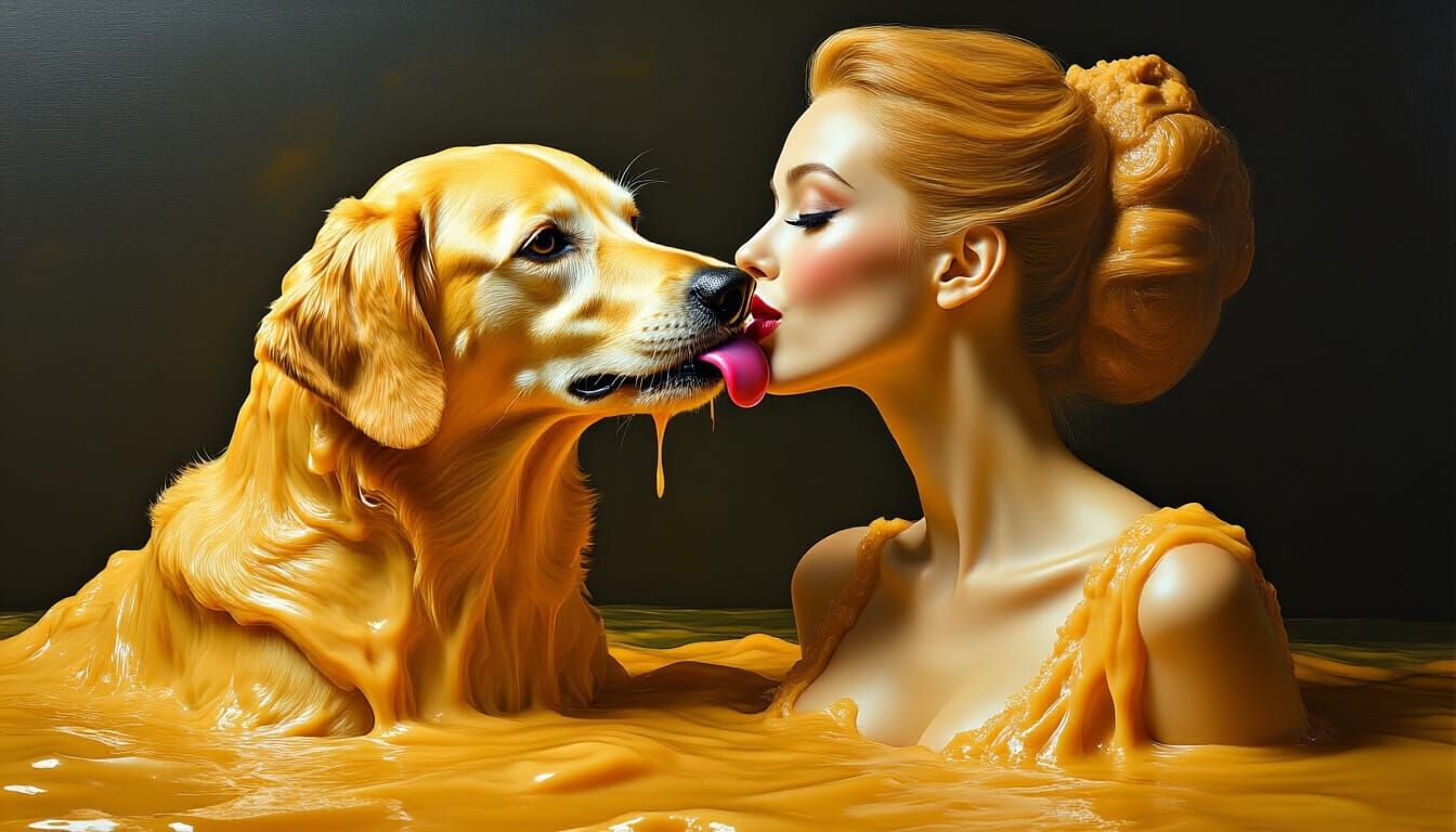 Peanut Butter Dog Licking Jello Woman: Surreal Art