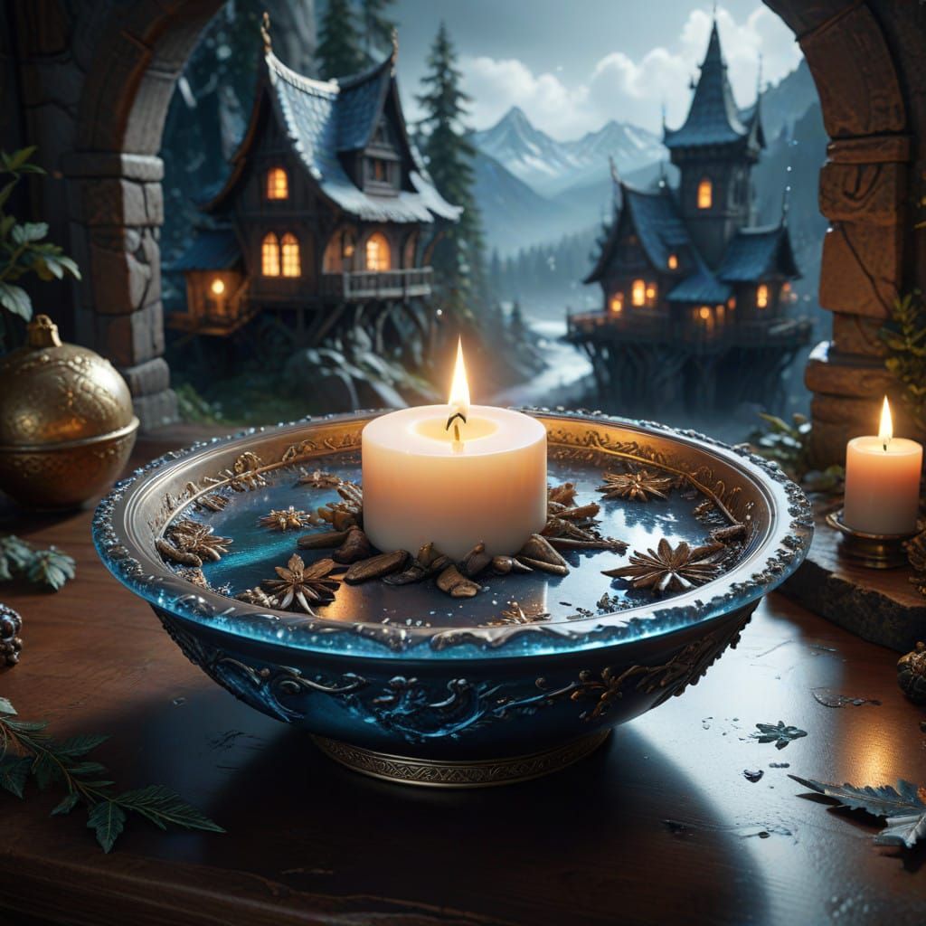 Hands Hold a Mystical Winter Scene Illuminated by a Golden C...