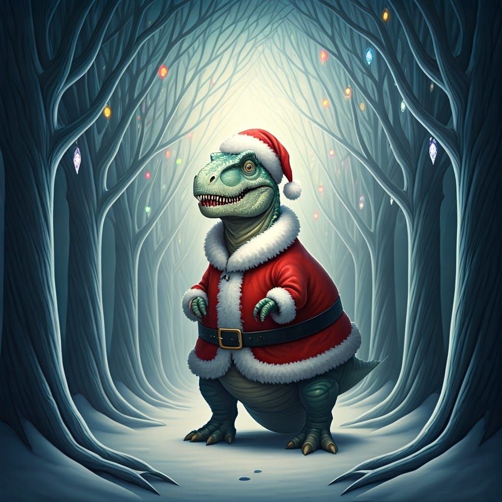 Jolly Santa Dinosaur in Enchanting Winter Wonderland