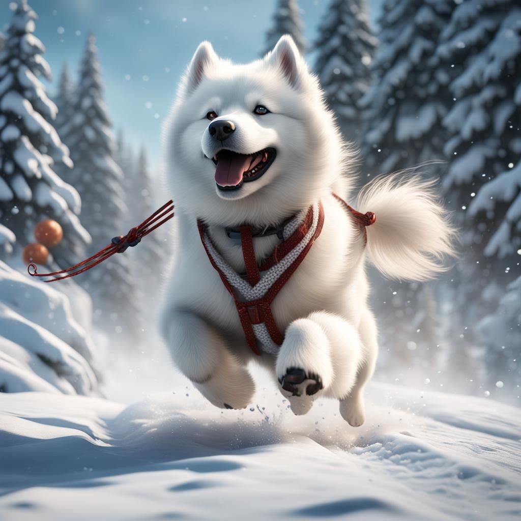 Samoyed Dog Sledding in Winter Wonderland