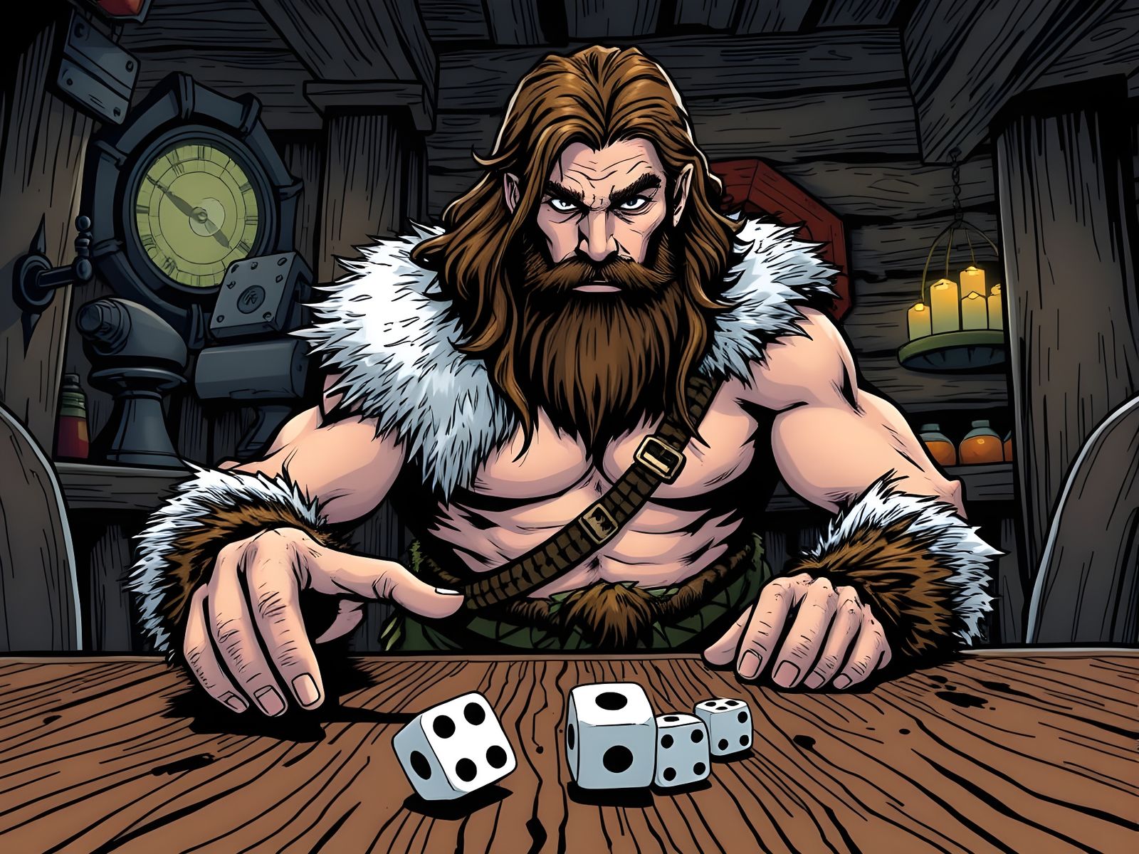 Barbarian Rolls Dice in Tavern Setting