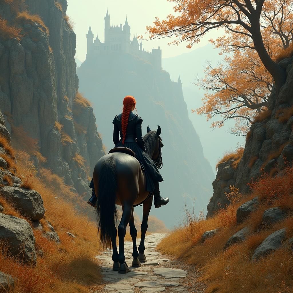 Red-Haired Woman on Horseback in Autumnal Landscape