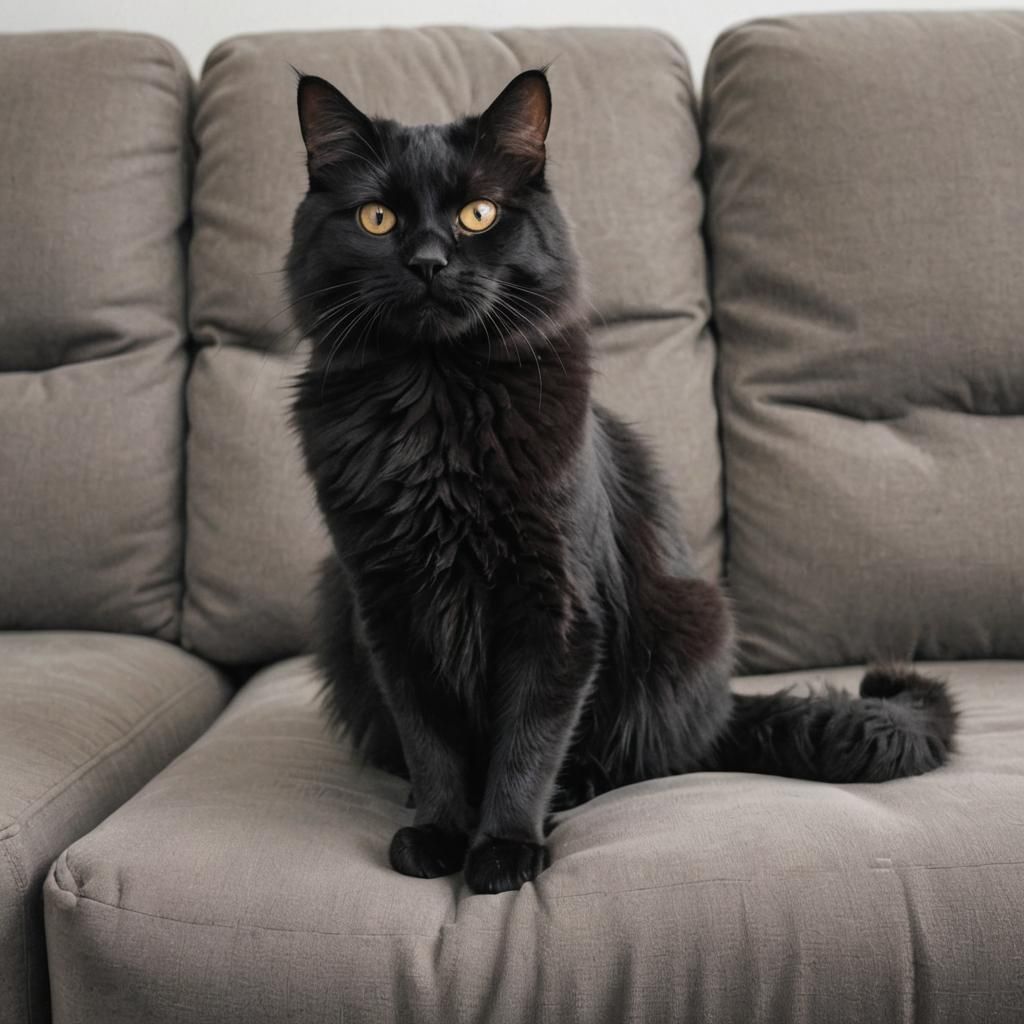 Happy Fluffy Black Cat on Couch