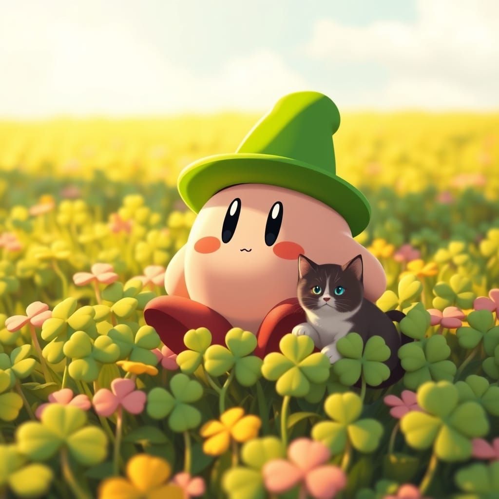 Kirby and Pusheen in Clover Field, Whimsical Art