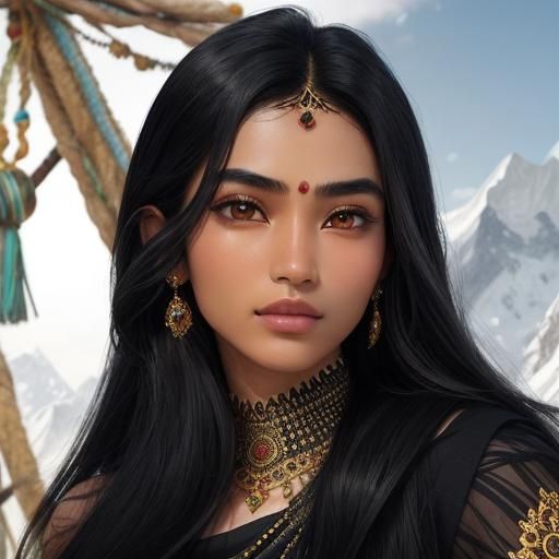 Nepali Girl Portrait in Traditional Dress, Himalayan Backdro...