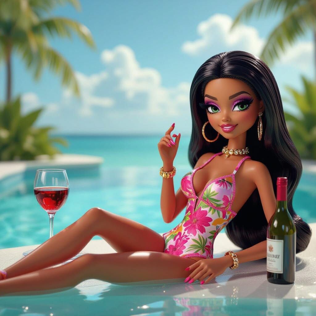 Bratz Doll Baddie Relaxing Poolside with Wine