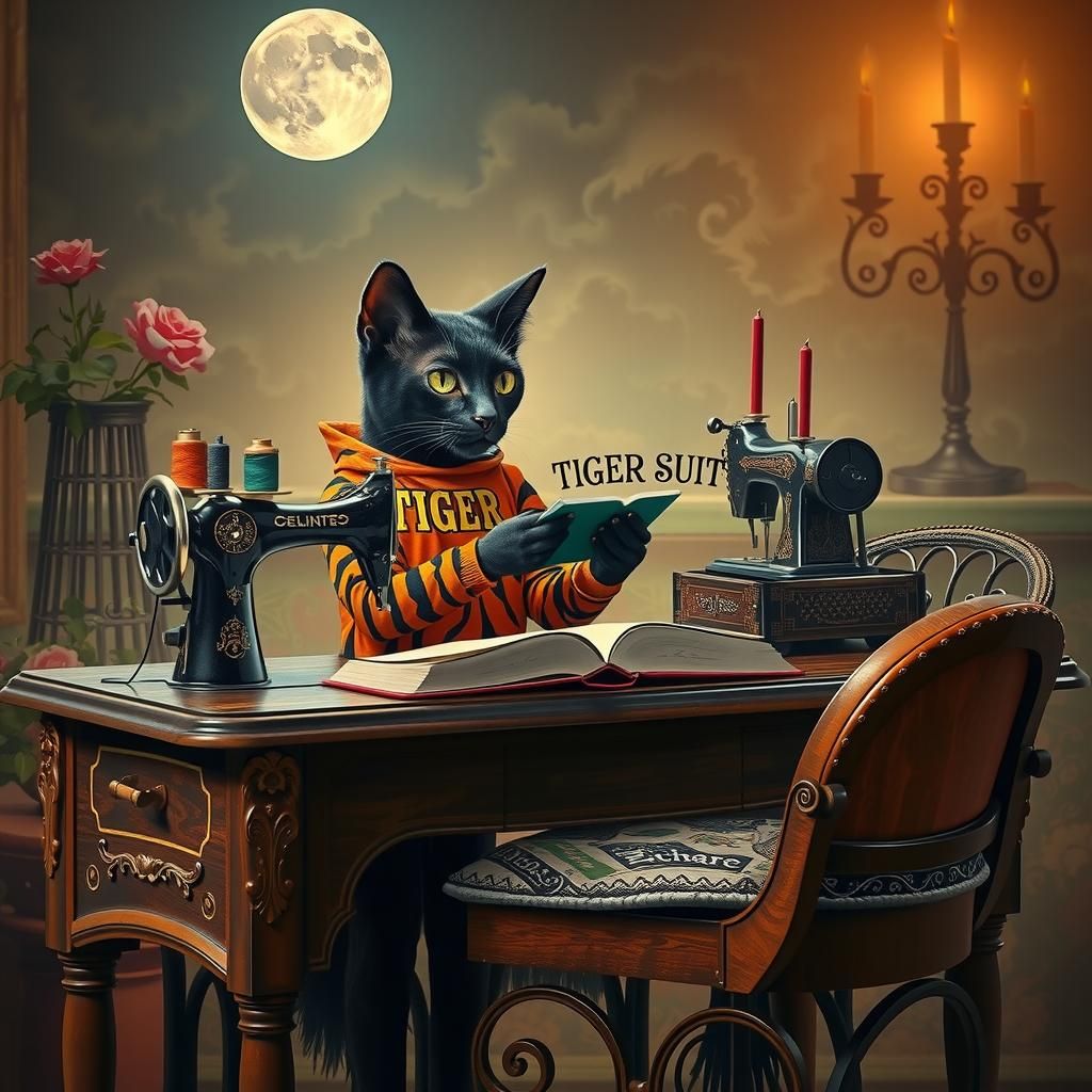 Cat Sewing Tiger Suit in Surrealist Style