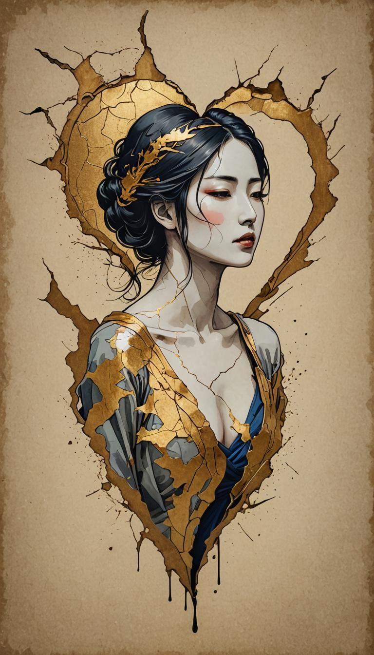 Kintsugi Heart: Surreal Ink Art on Aged Paper