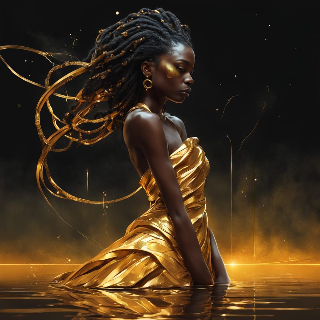 Regal Black Woman with Golden Dreadlocks in Afro-Futurist St...