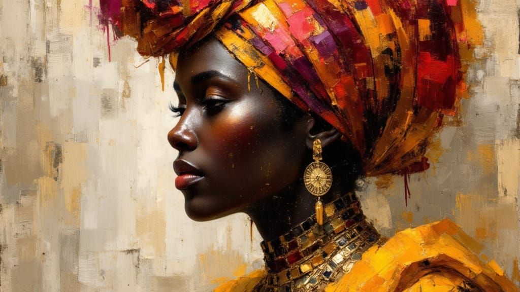 African Woman Portrait in Dark Gold Watercolor