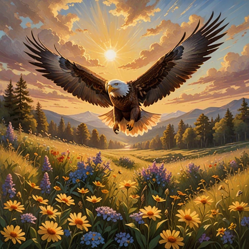 Majestic Eagle Soars Over Wildflowers in Golden Hour