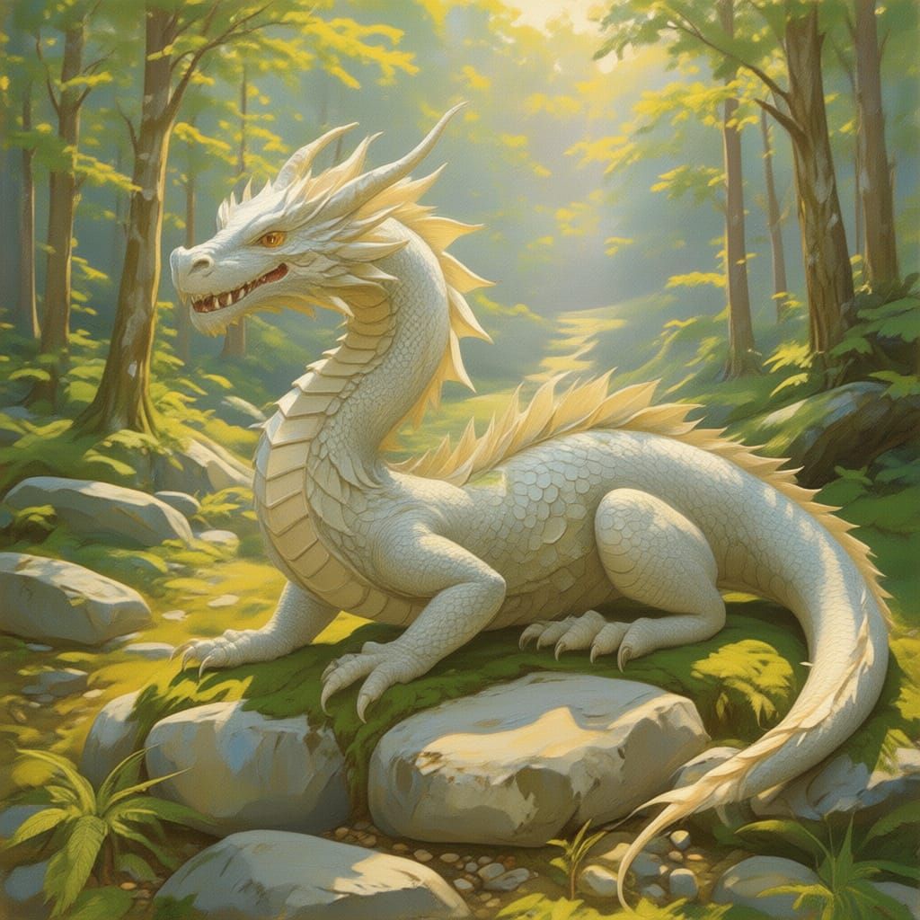 Impressionist Dragon in Sunlit Birch Forest
