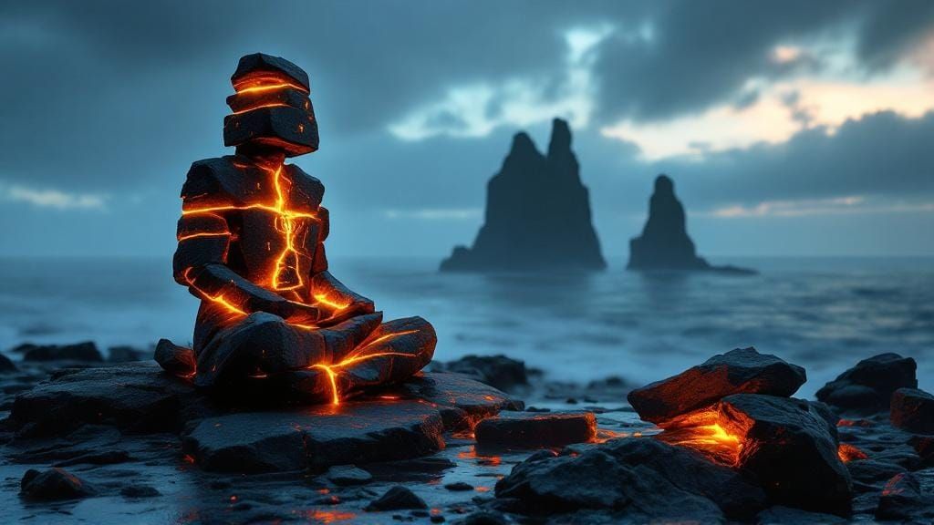 Fragmented Inukshuk Sentinel on Basalt Cliff at Twilight