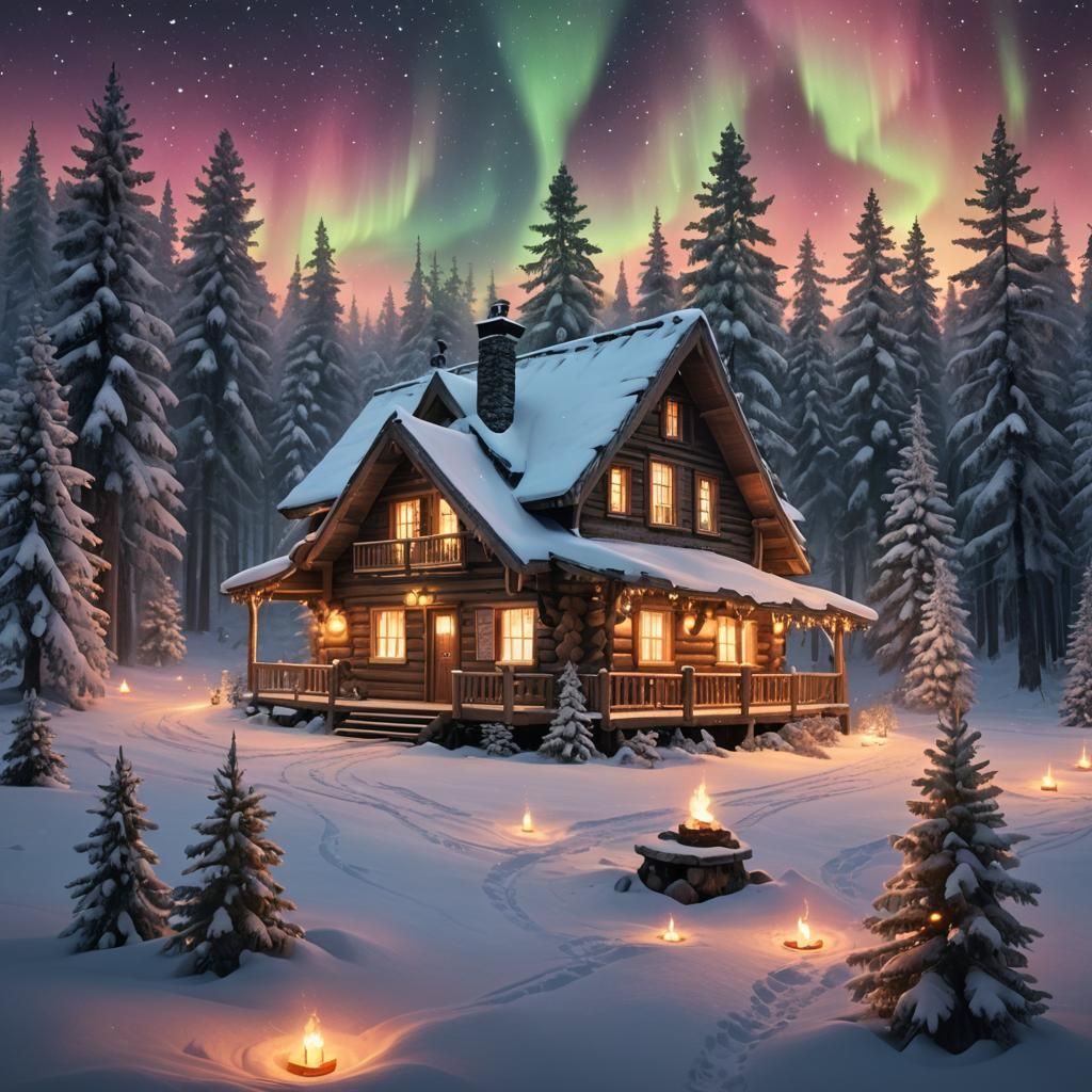 Aurora Borealis Lights Up Winter Cabin