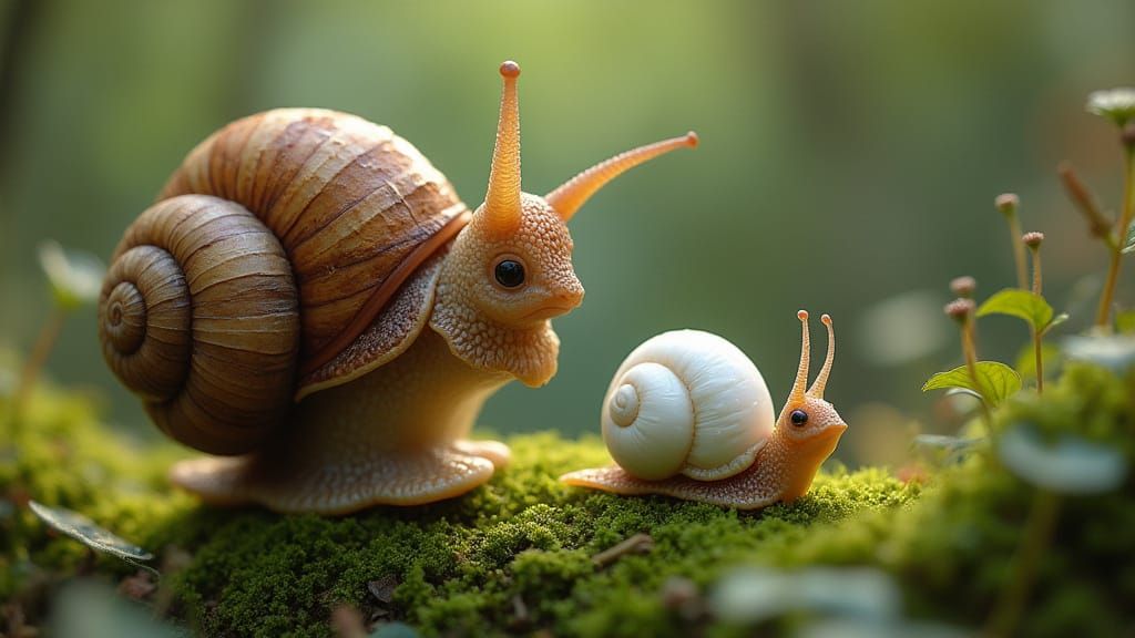 Curious Snail Meets Marble Twin in Ethereal Garden