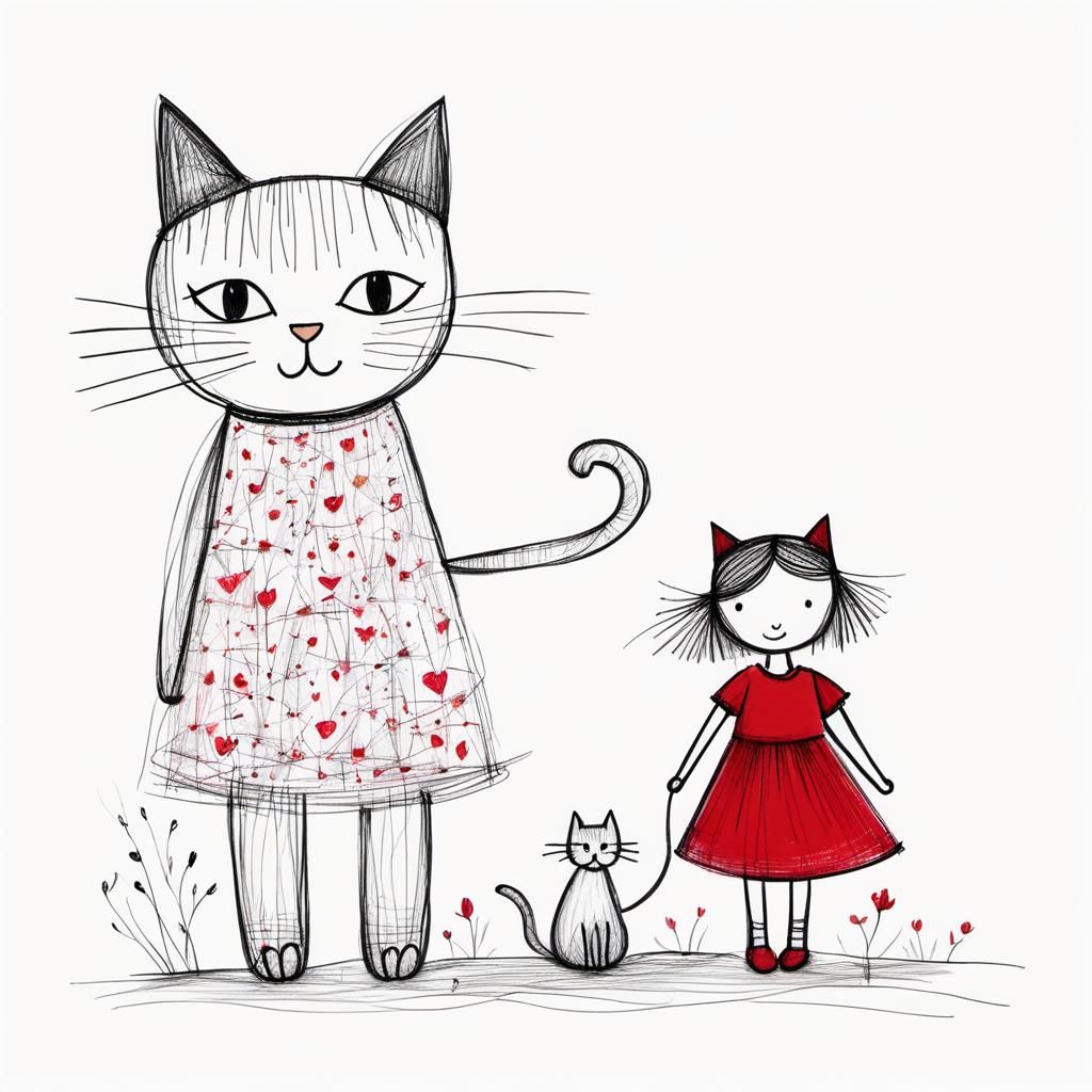 Girl with Shabby Cat: Minimalist Doodle Art