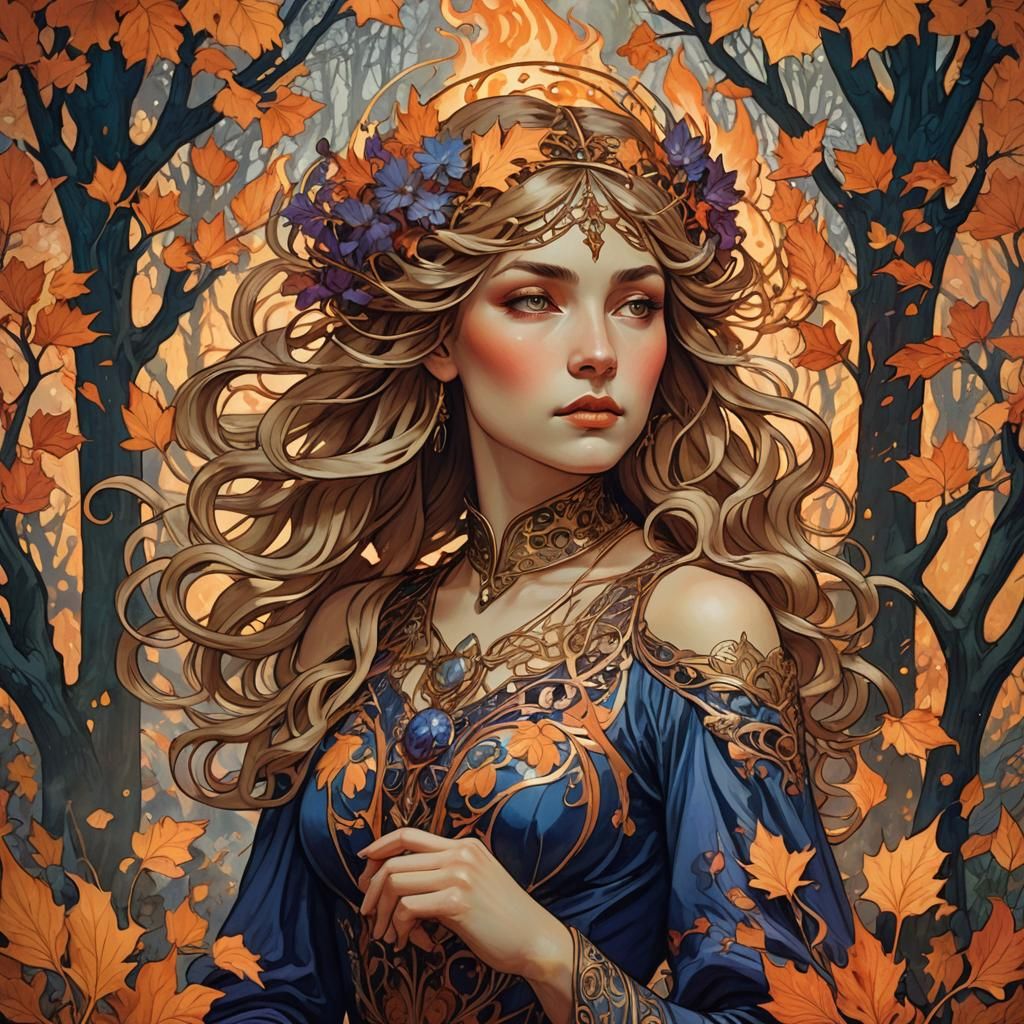 Art Nouveau Woman in Flames and Foliage