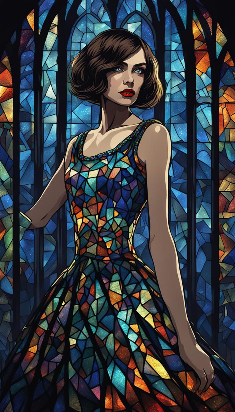 Beautiful alluring brunette with a bob cut wearing a stained-glass dress. Dark nighttime background