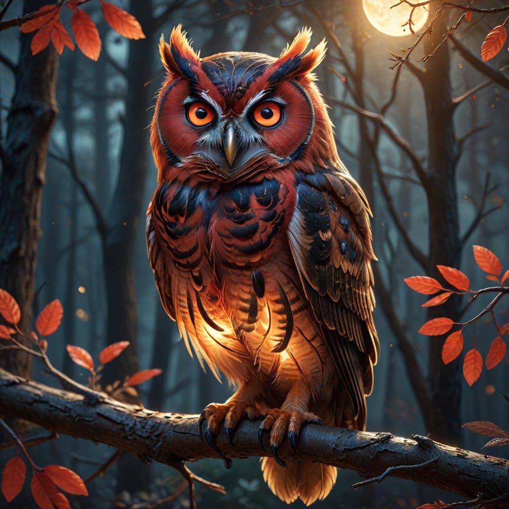 Red Owl Perched on Branch in Moonlit Forest