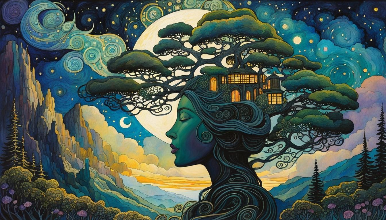Surreal Starry Night Landscape in Art Nouveau Style