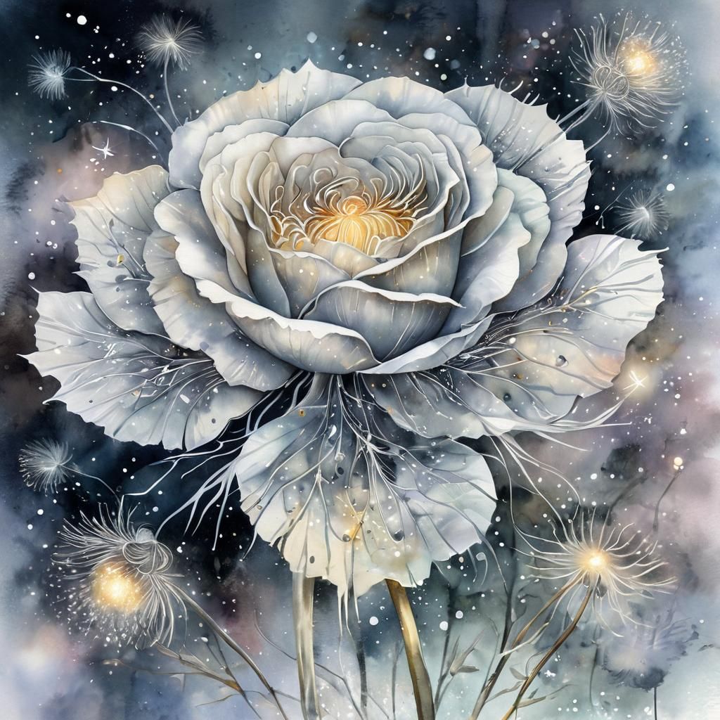 Silver Rose with Glowing Dandelions in Watercolor