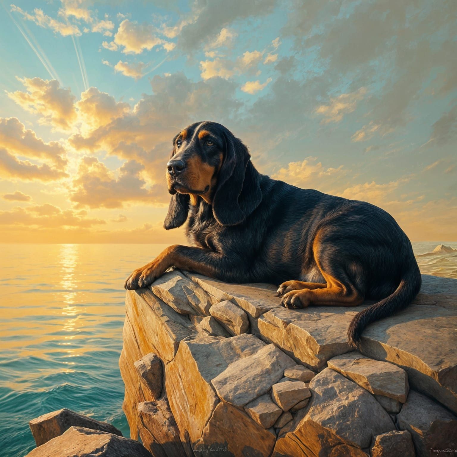 Basset Hound Lounging on Rock in Ethereal Painterly Style