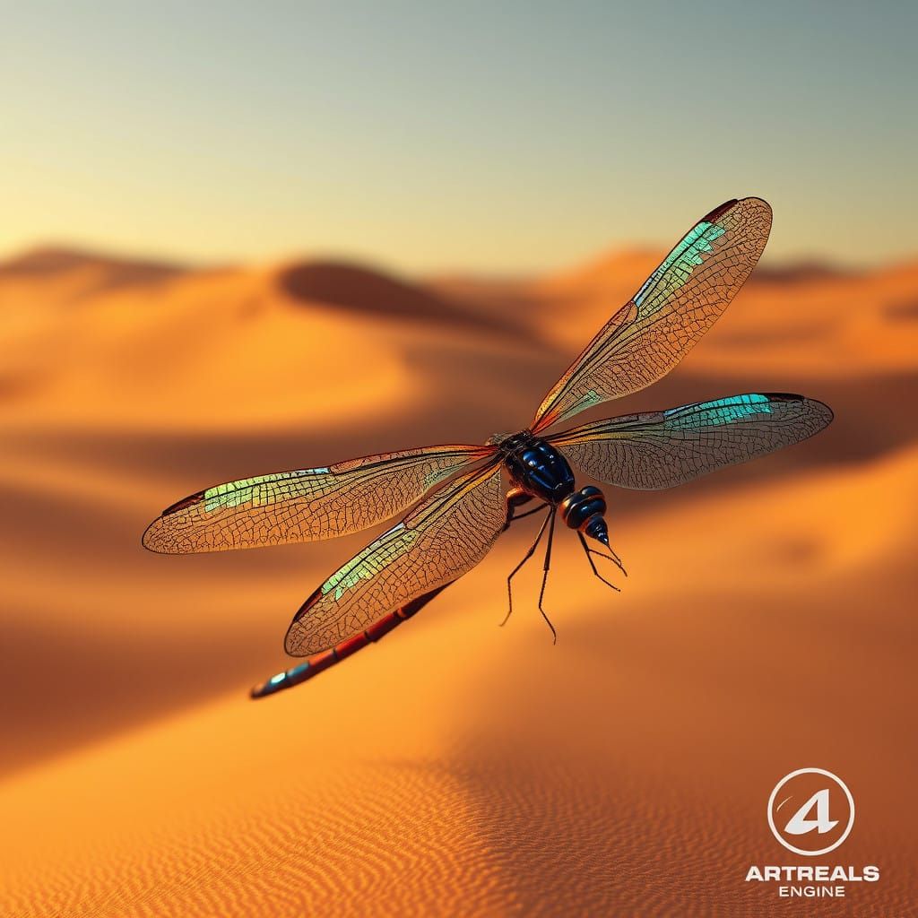 Iridescent Dragonfly Takes Flight Over Desert Dunes in a Vib...