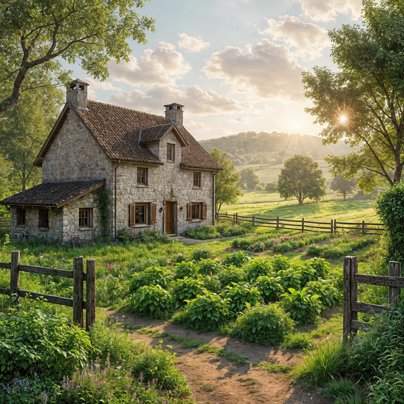 Rustic Farmhouse with Lush Gardens in Photorealistic Style