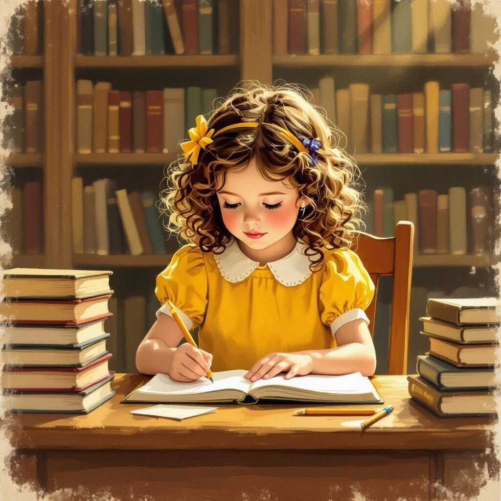 Girl Studying in Cozy Library, Beatrix Potter Style