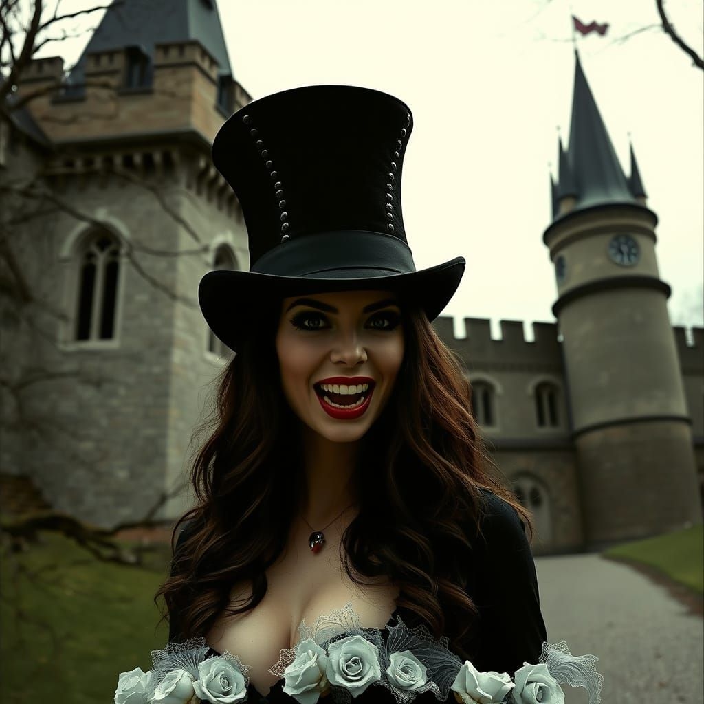Dark Fantasy Vampire Outside Castle in Top Hat
