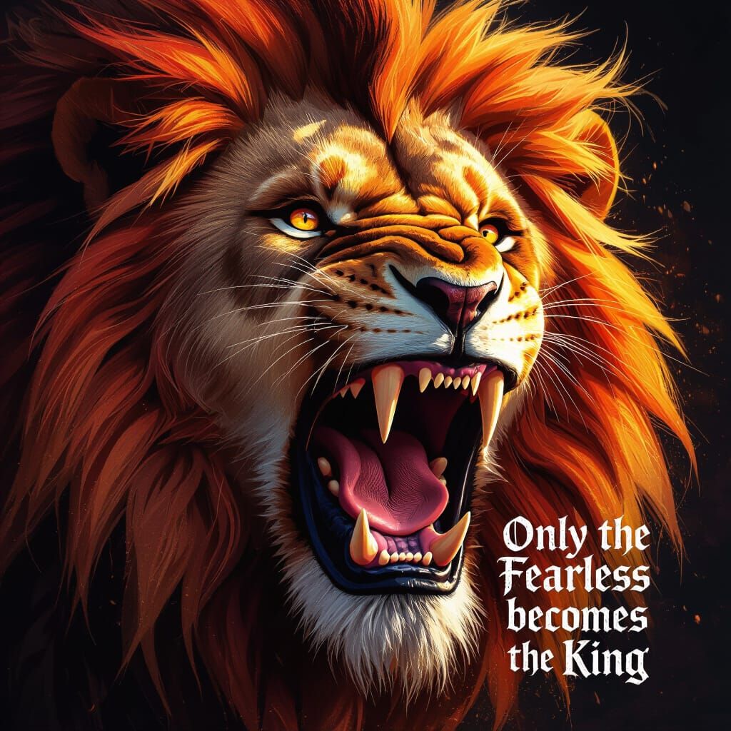Roaring Lion Head Digital Painting with Gothic Text