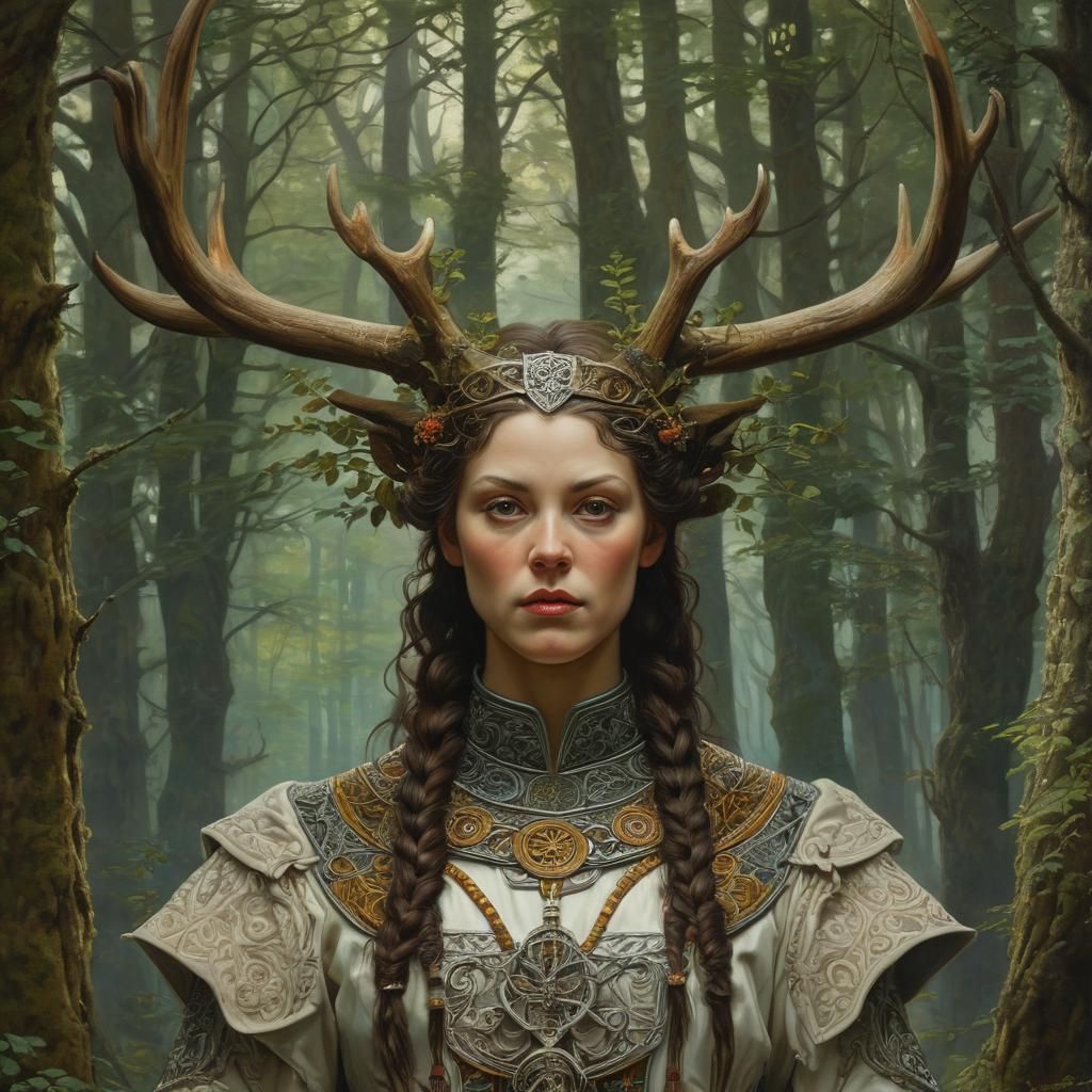 Celtic Deity with Antlers in Oil Painting