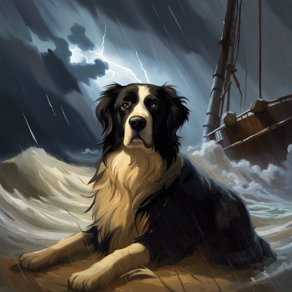 a landseer dog. a schooner  in the horisont.
