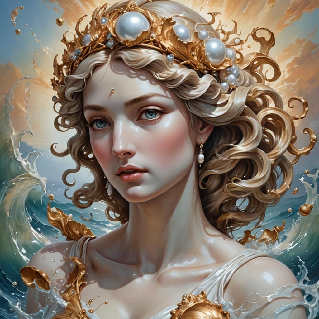 Aphrodite and Pearl Shell: Hyperrealistic Splash Art