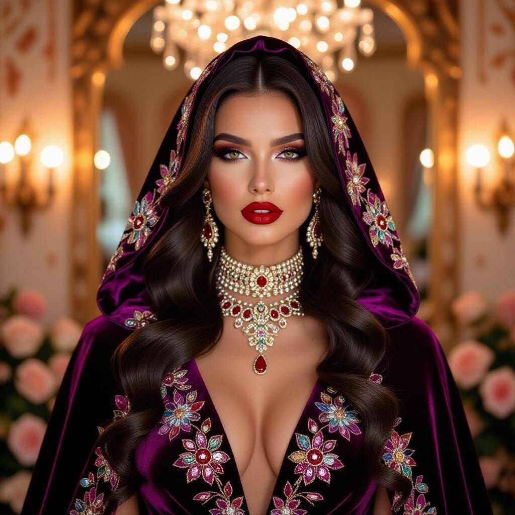 Fashion Photo of Raven-Haired Beauty in Velvet Cloak