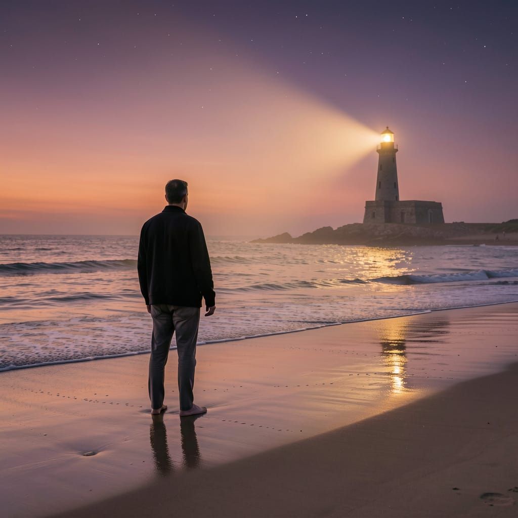 Solitary Figure on Beach at Twilight with Lighthouse Beam
